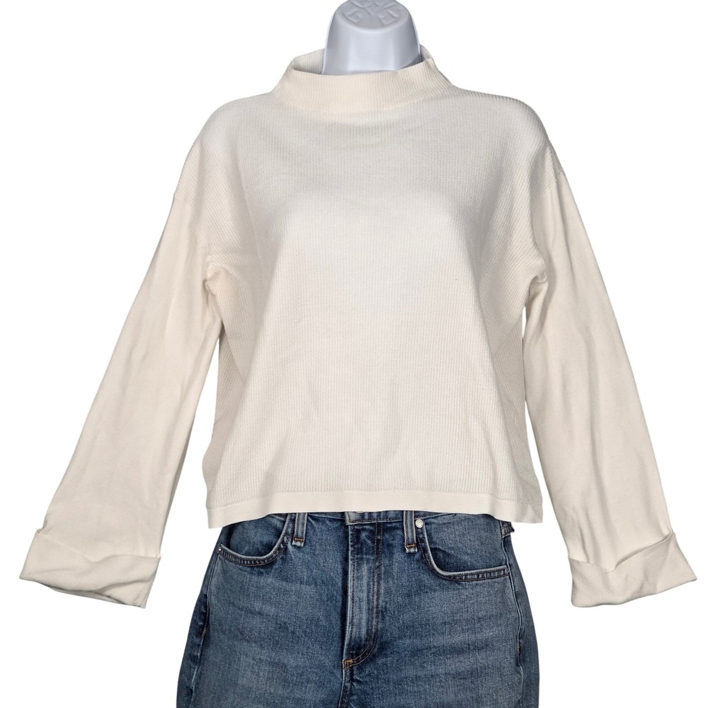 Theory Women Small Mock Neck Stitch Mix Chloe Knit Sweater Pullover Ivory‎ White